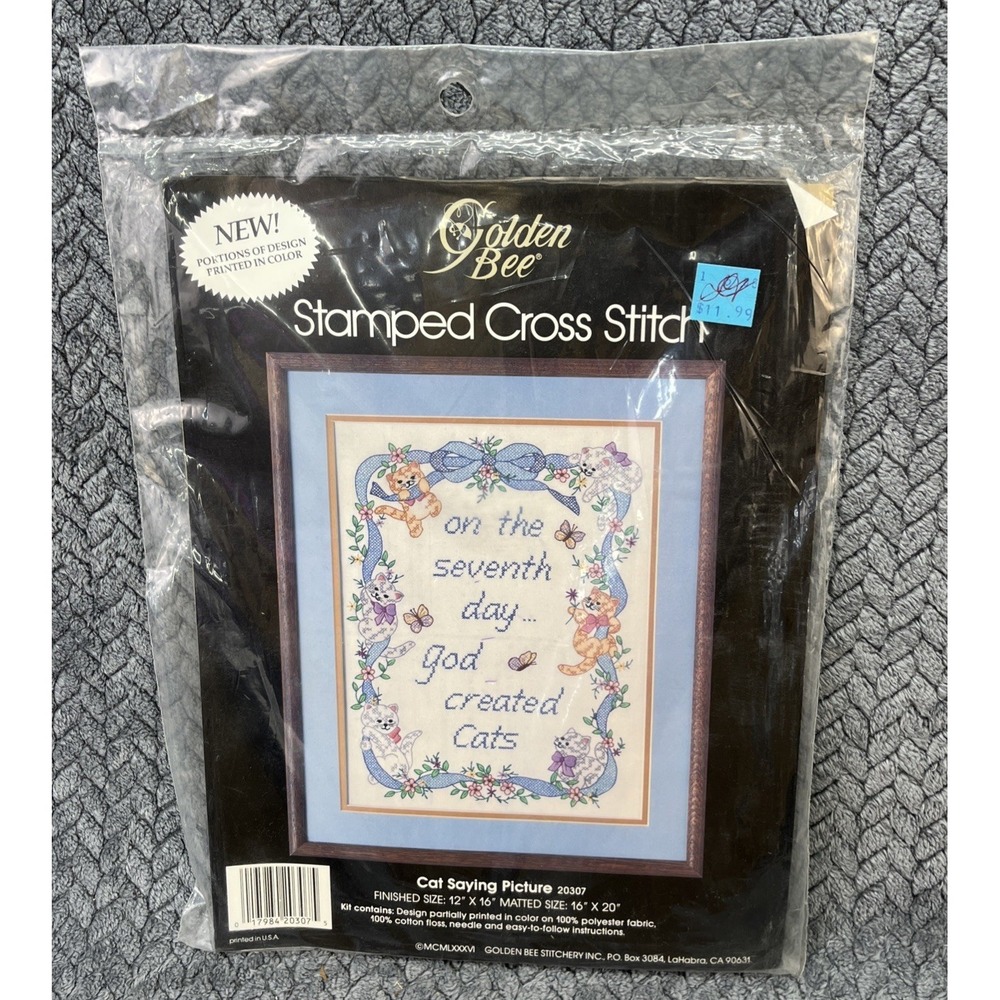 VTG 1986 Golden Bee Cat Saying Picture God Stamped Cross Stitch #20307 *NEW*